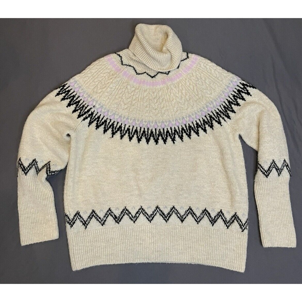A New Day Womens Sz M Ivory Long Sleeve Turtle Neck Aztec Crochet Fuzzy Sweater - Picture 3 of 10